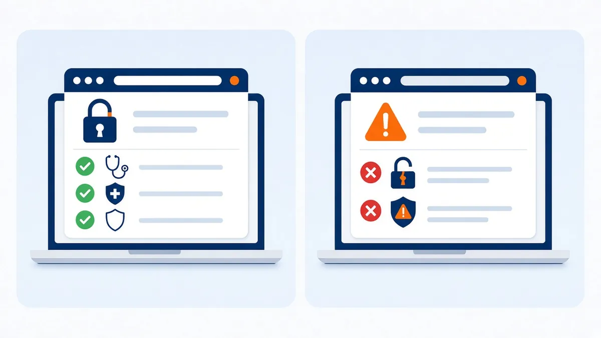 Free Online Medical Certificates in Australia: What's Real vs Risky 1 Checklist comparing a legit and a fake online medical certificate website, showing how to spot a fake medical certificate